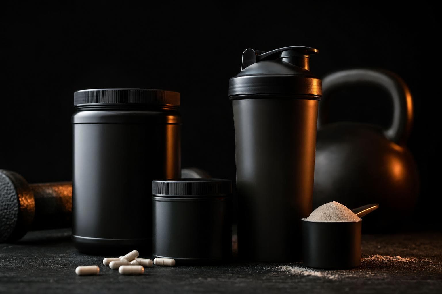 Supplement bottles in moody gym lighting